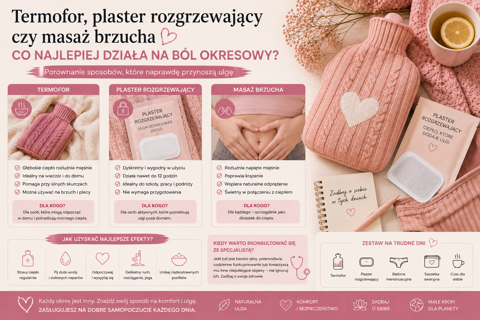Termofor, plaster rozgrzewający czy masaż brzucha – co najlepiej działa na ból okresowy?