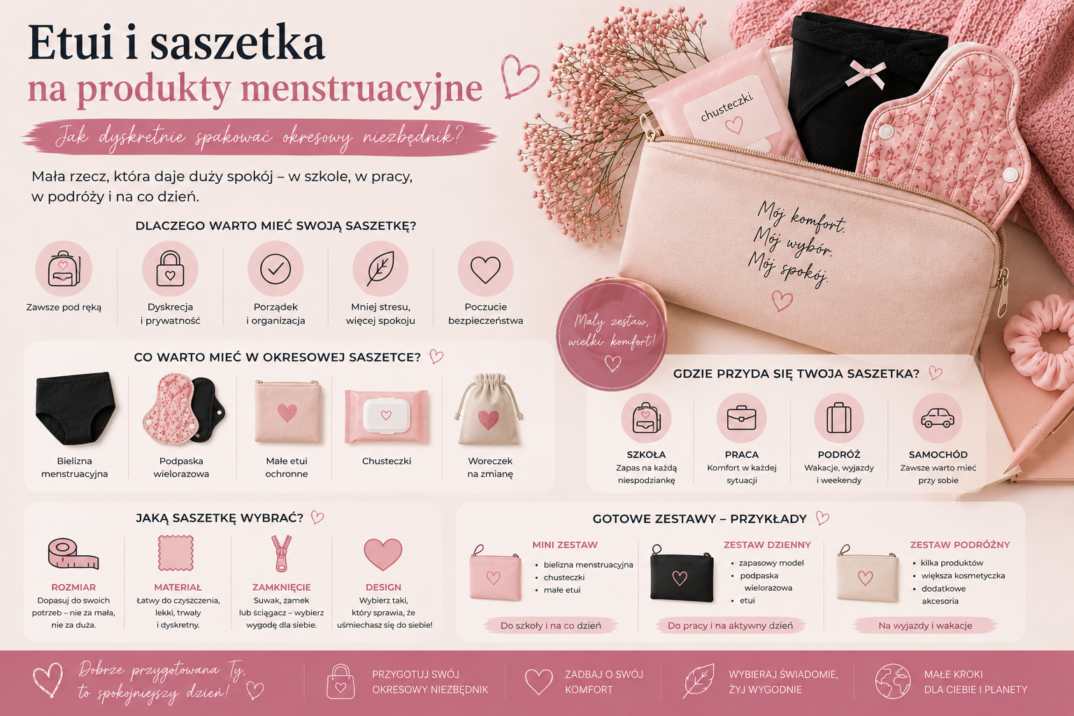 Co spakować do torebki w trakcie okresu? Lista awaryjna do szkoły, pracy i podróży