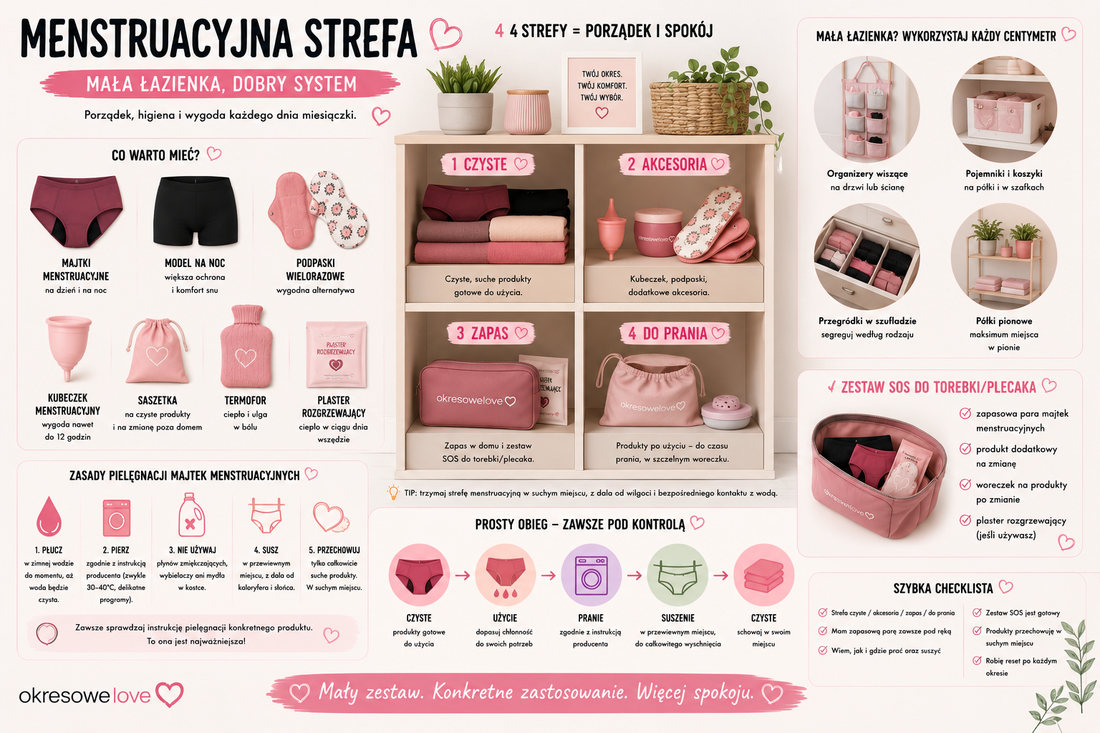 Jak przechowywać, prać i organizować produkty menstruacyjne w małej łazience?