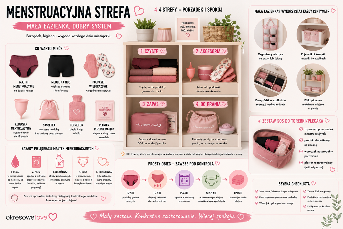 Jak przechowywać, prać i organizować produkty menstruacyjne w małej łazience?