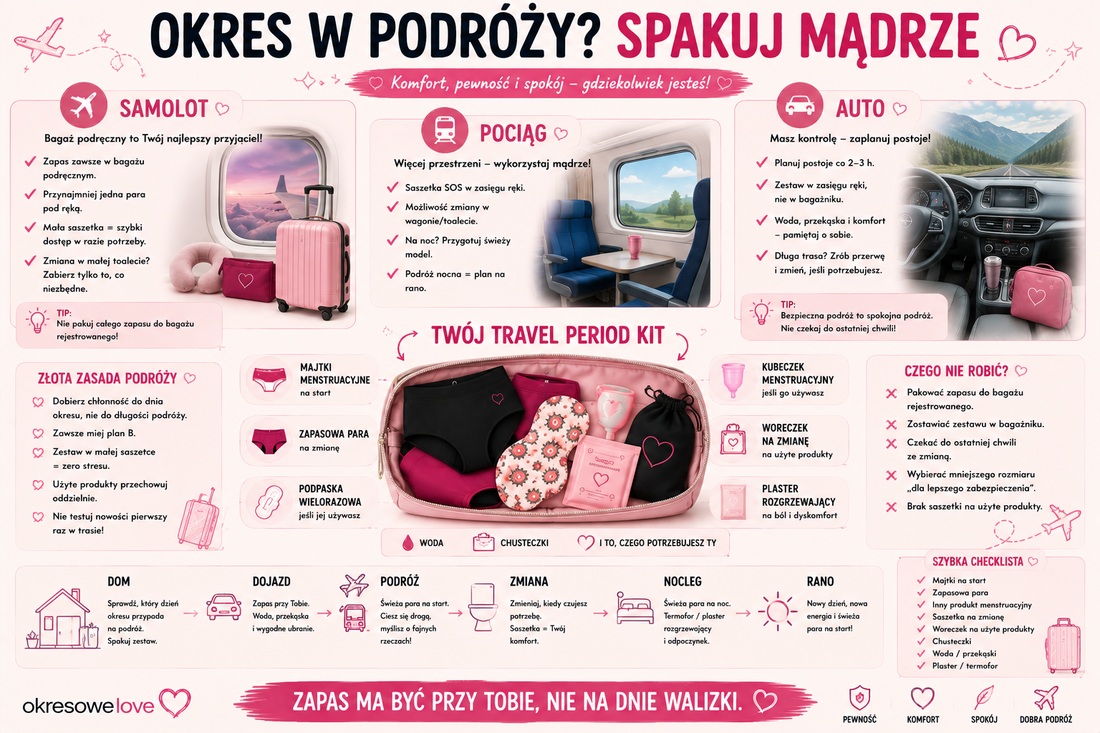 Okres w podróży samolotem, pociągiem i autem – jak przygotować zestaw na kilka godzin w drodze?